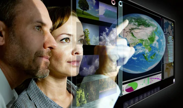 Man Woman Working Futuristic Screen — Stock Photo, Image