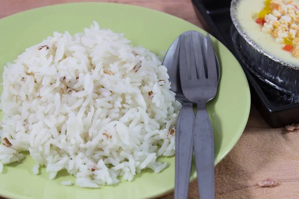 Thailändische Küche Reis Auf Teller Und Gedünstetem Eierpudding — Stockfoto