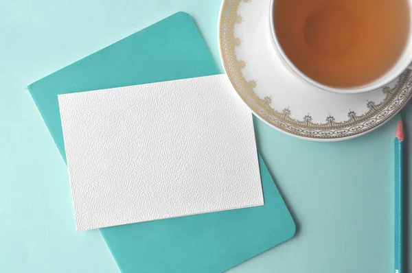 Cup Tea Aqua Teal Mint Background Copy Space Blank Note — Stock Photo, Image