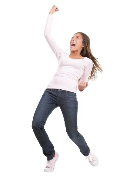 Winning Success Woman Full Length Cheering Screaming Joy Casual Young — Stock Photo, Image