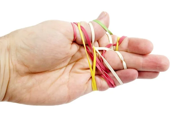 Una Mano Maschile Aggrovigliata Pasticcio Elastici Isolato Bianco Con Percorso — Foto Stock