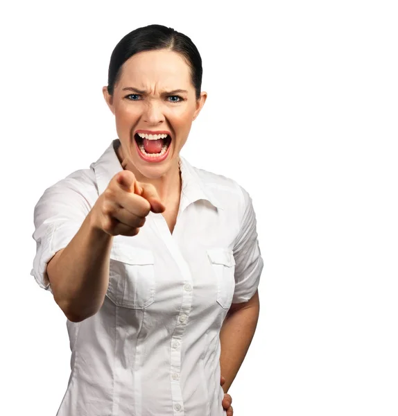 Retrato Isolado Uma Mulher Negócios Irritada Chefe Gritando Apontando Dedo — Fotografia de Stock