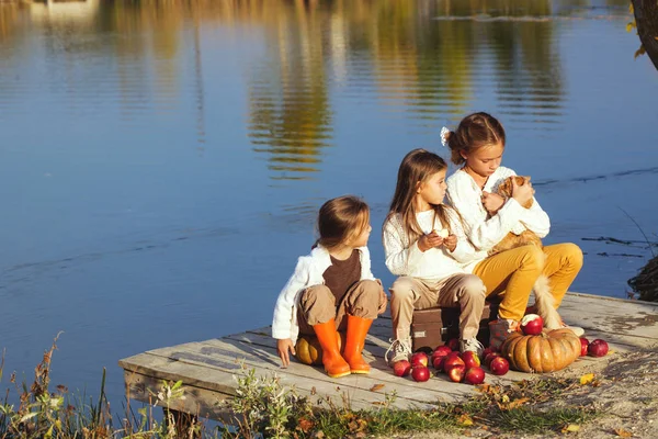 Τρεις Χαρούμενα Μικρά Κορίτσια Που Παίζει Στη Λίμνη Ζεστή Μέρα — Φωτογραφία Αρχείου