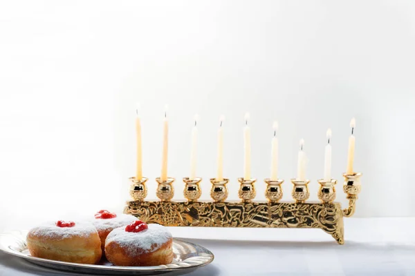 Sufganiyot Nine Branched Menora Hanukkah — Stock Photo, Image