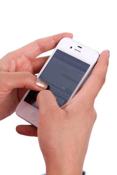 Woman Hands Hold Cell Phone While Texting Message — Stock Photo, Image