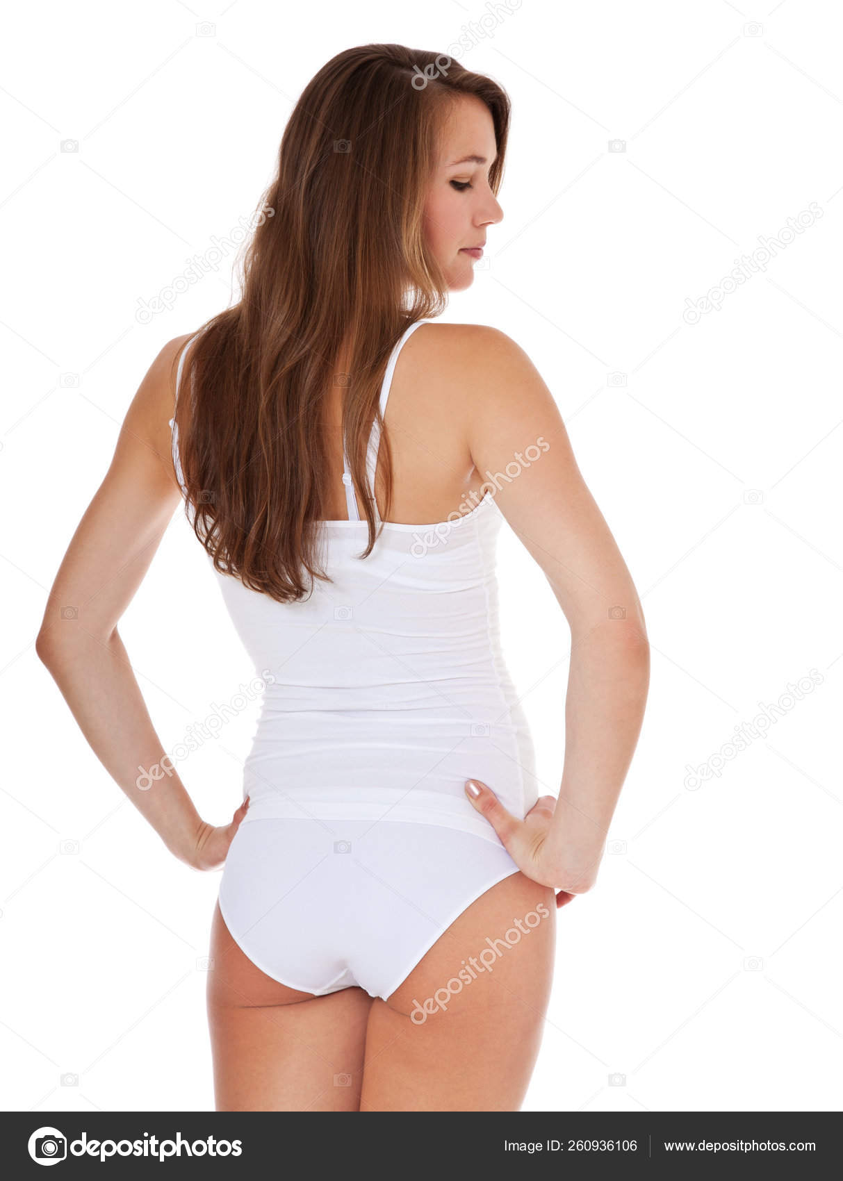 Rear View Attractive Young Woman White Underwear All White