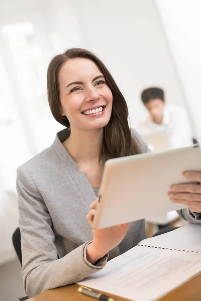 Cute Female Smiling Desk Tablet Digital Surfing Web — Stock Photo, Image