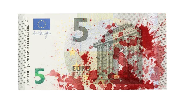 Close Van Een Bankbiljet Van Euro Geïsoleerd Bevlekt Met Bloed — Stockfoto