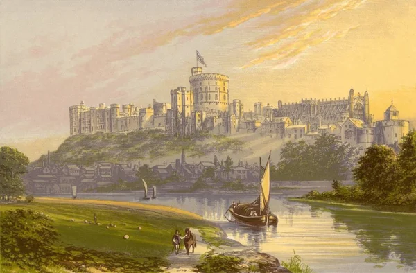 Pintura Aquarela Castelo Windsor Com Rio Tamisa Primeiro Plano Berkshire — Fotografia de Stock