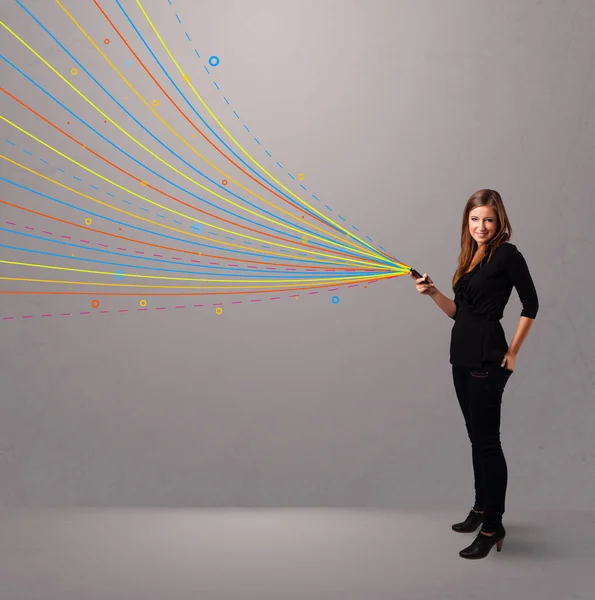 Happy Young Girl Holding Phone Colorful Abstract Lines — Stock Photo, Image