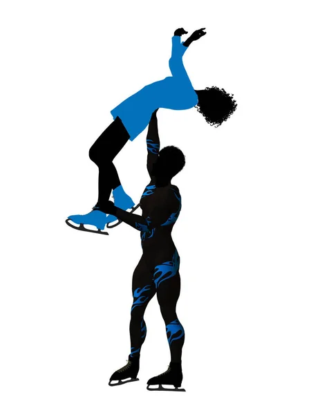 African American Paar Ijs Schaatsen Illustratie Silhouet Een Witte Achtergrond — Stockfoto