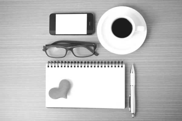 Coffee Phone Eyeglasses Notepad Heart Wood Table Background Black White — стоковое фото