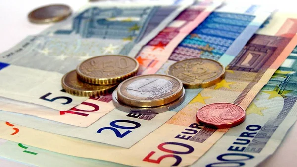 Gama Monedas Billetes Banco Euros Relación Aspecto — Foto de Stock