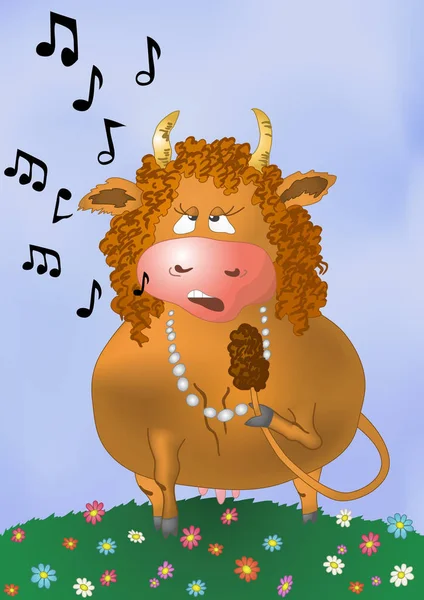 Rote Kuh Auf Grüner Wiese Singt Ein Lied — Stockfoto