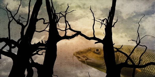 Surrealistische Komposition Mit Fischen Bäumen Und Gemustertem Himmel — Stockfoto