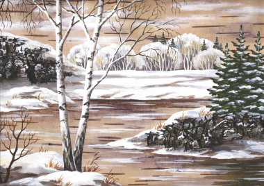 Winter natural landscape. Handmade, drawing distemper on a birch bark clipart