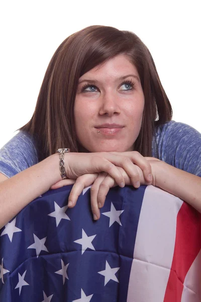 Una Linda Chica Posa Con Bandera Americana — Foto de Stock