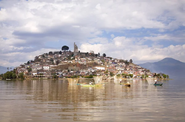 Pesca Com Redes Ilha Janitizo Lago Patzcuaro México Visão Geral — Fotografia de Stock