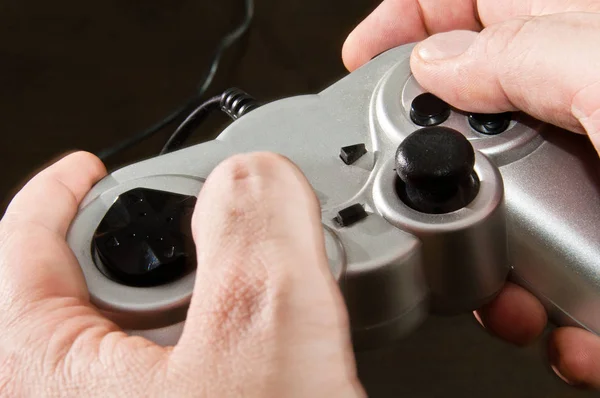 Hands Holding Silver Gamepad Video Game — Stock Photo, Image