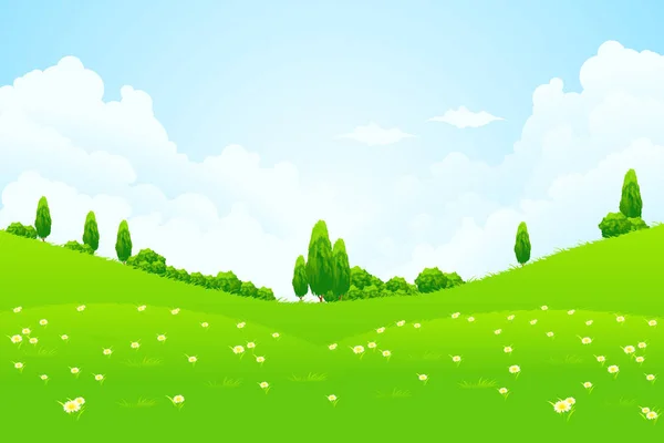 Grönt Landskap Med Träd Moln Blommor Och Kullar — Stockfoto