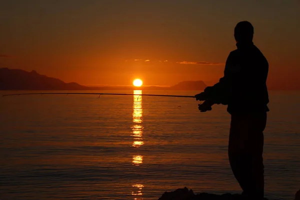 Silhouette Fishman Sunset — Stock Photo, Image