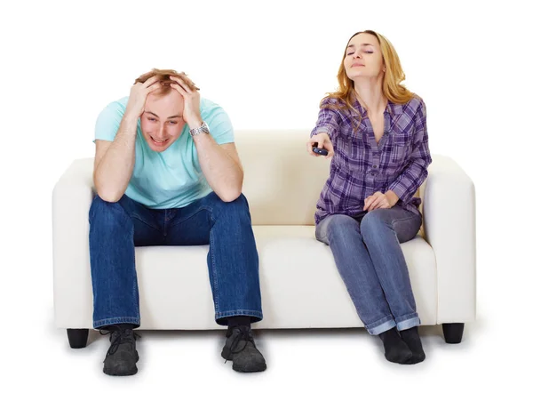 Nervous Husband Wife Sitting Couch Watching Isolated White Background — Stock Photo, Image