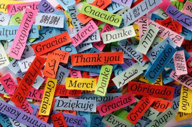 Thank You Word Cloud printed on colorful  paper different languages clipart