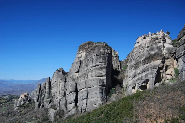 Vista Desde Abajo Las Torres Rocosas Meteora Grecia — Foto de Stock