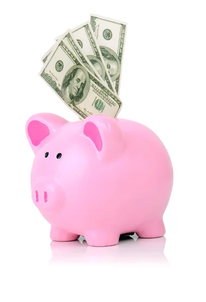 Pembe Piggy Banka Ile Doldurulmuş 100 Dolar Banknotlar Beyaz Izole — Stok fotoğraf