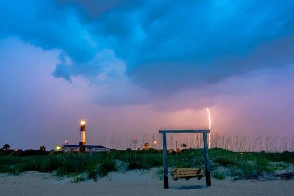 Tybee Island Beach Lighthouse Thunder Lightning — Stock Photo, Image
