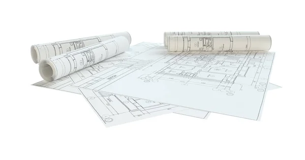 Rolled House Blueprints Aislado Sobre Fondo Blanco Ilustración —  Fotos de Stock