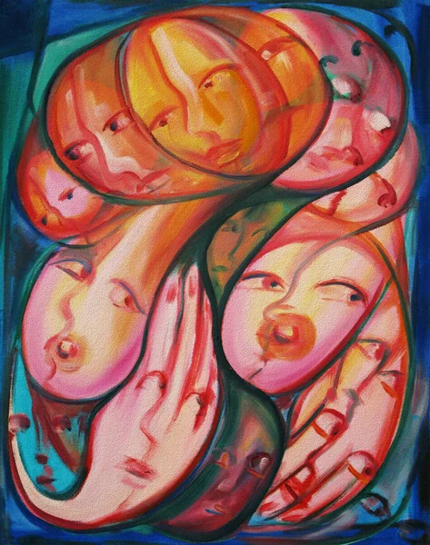 Abstract Cubist Nude Mother Surrounded Many Children — Stock Photo, Image