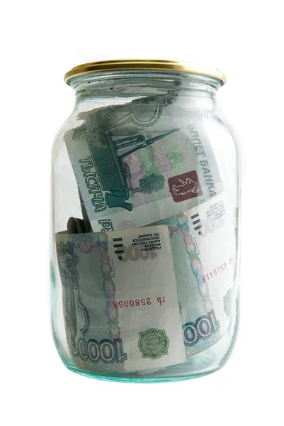 Russische Roebel Papier Geld Pot Geïsoleerd Witte Achtergrond — Stockfoto
