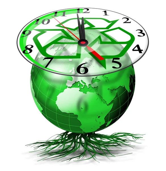 Globe Terrestre Vert Avec Des Racines Une Horloge Avec Symbole — Photo