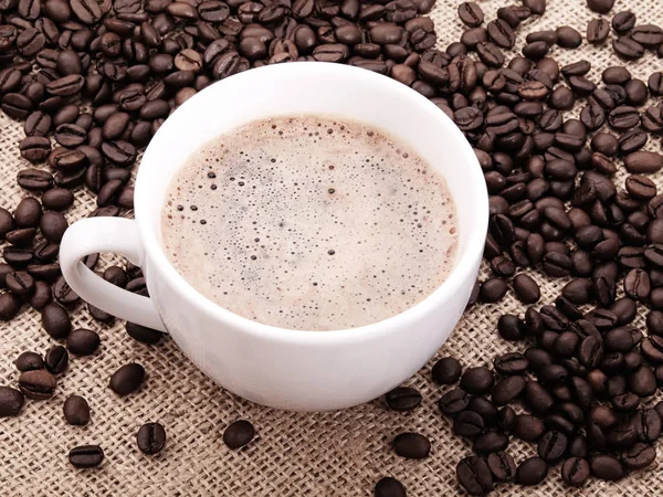 Granos Café Con Taza Sobre Lienzo — Foto de Stock