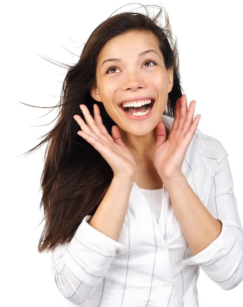 Portrait Surprised Young Woman Looking Surprised Happy Isolated White Background — Stock Photo, Image