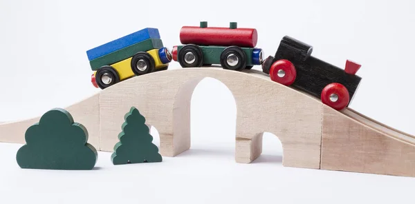 Wooden Toy Train Bridge Grey Background Horizontal Image — Stock Photo, Image