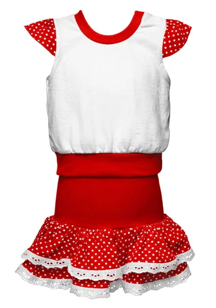 Altmodisches Rotes Kleid Mit Tupfen Für Mädchen Auf Weißem Hintergrund — Stockfoto