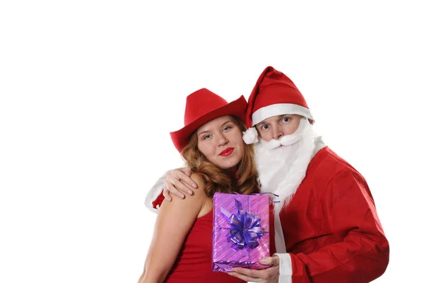 Santa Pose Avec Femme Dans Une Robe Rouge — Photo