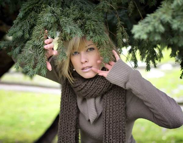 Приваблива Блондинка Молода Жінка Парку Зимовий Час Під Сосновим Деревом — стокове фото
