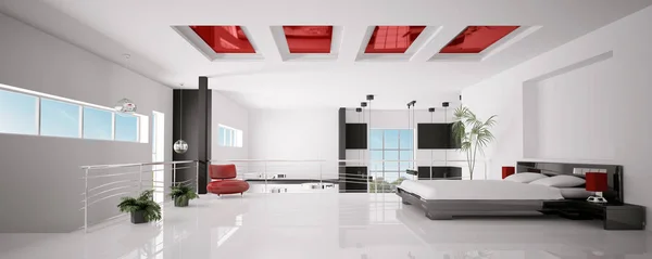 Intérieur Moderne Blanc Rouge Noir Chambre Panorama Rendu — Photo