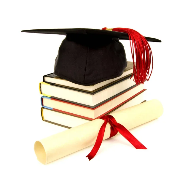 Berretto Graduato Con Nappa Rossa Pila Libri Diploma Sfondo Bianco — Foto Stock