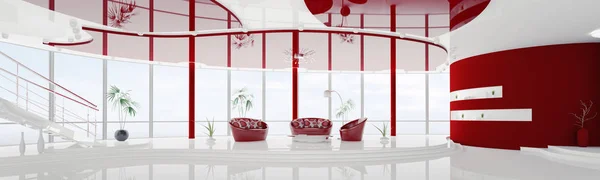 Interno Moderno Appartamento Bianco Rosso Con Scala Panorama Render — Foto Stock