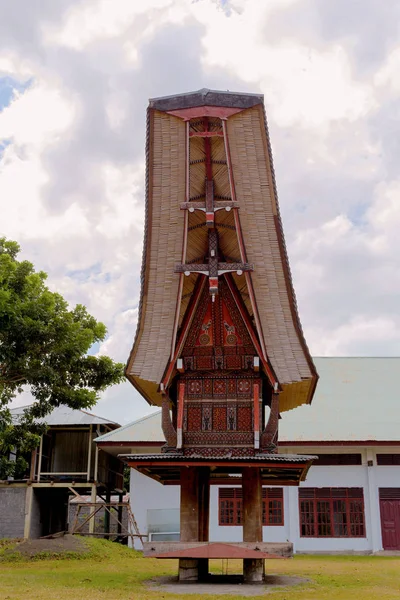 Detalles Excepcional Arquitectura Étnica Local Toraja Tallas Madera Pinturas Decoración — Foto de Stock