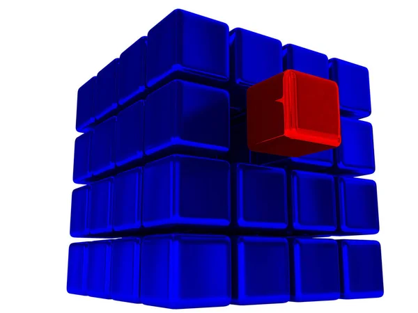 Cubo Vermelho Entre Cubos Azuis — Fotografia de Stock