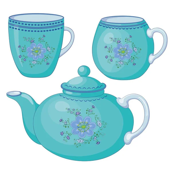 Blaue Porzellanteekanne Und Tassen Mit Einem Muster Aus Blumen Und — Stockfoto