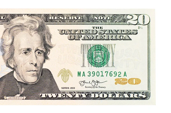 Двадцять Доларів Ізольовані Білому Тлі — стокове фото