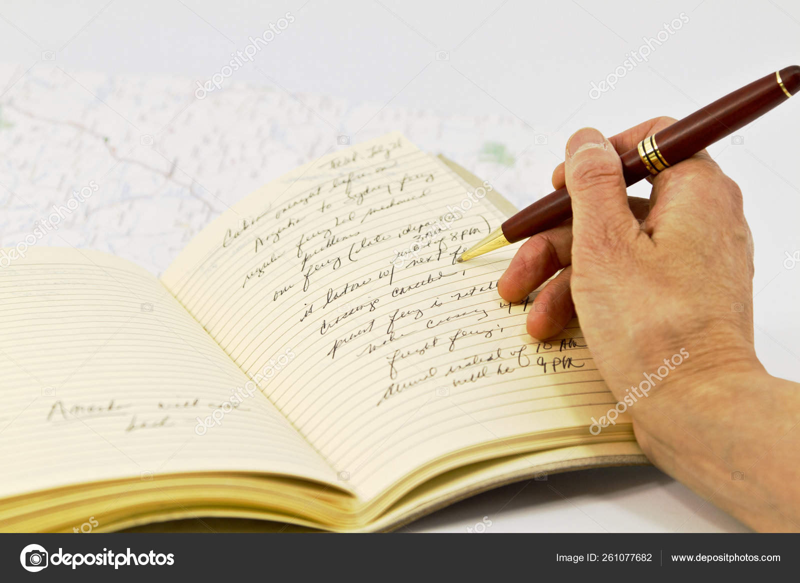 Open Journal Travel Planning Notations Map Book Stock Photo by