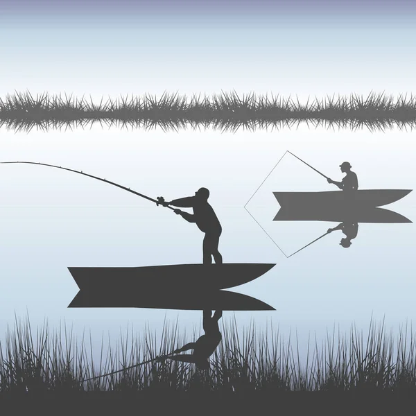 Homens Silhuetas Pescando Lago Barco — Fotografia de Stock