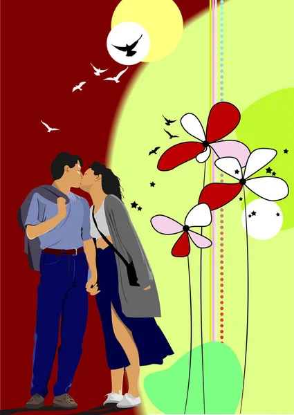 Fondo Flores Con Pareja Besos Ilustración Vectorial —  Fotos de Stock